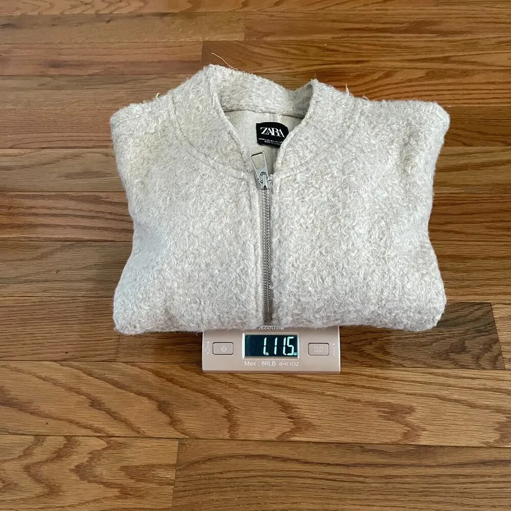 Zara Womens M/L Oversized Boucle Bomber Jacket Beige Cream Textured
